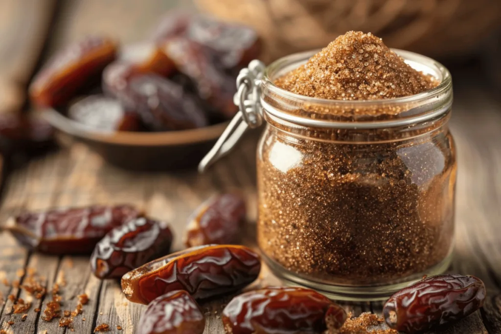 Close-up of date sugar in a jar with dried dates, showcasing its natural texture and color.