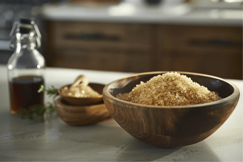 Brown sugar in a wooden bowl with a molasses bottle, demonstrating its rich caramel-like texture