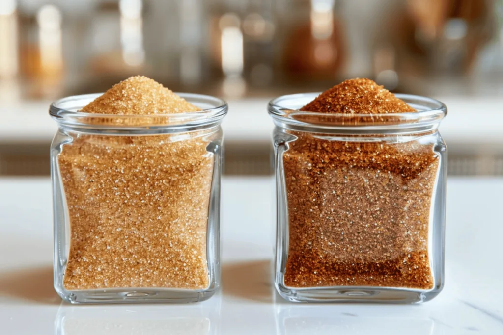A side-by-side visual of date sugar and brown sugar, showcasing their distinct textures and colors for comparison.