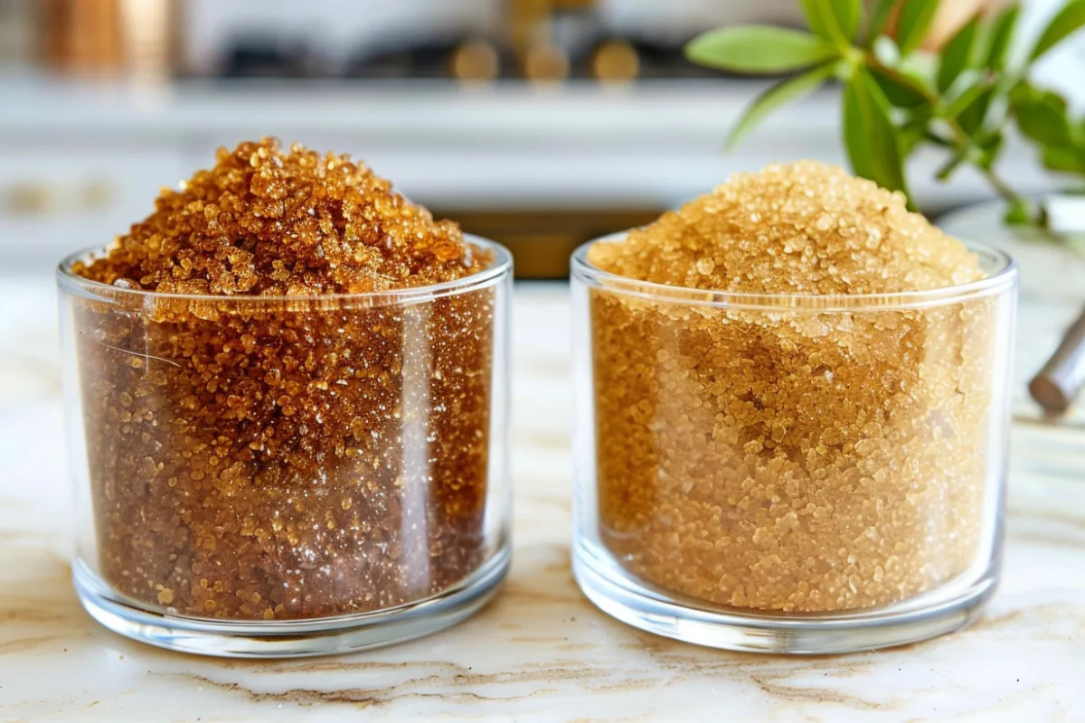Side-by-side comparison of date sugar and brown sugar, emphasizing their unique textures and colors.